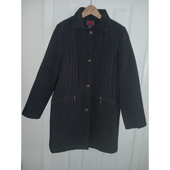 Gallery Women Coat Jacket Medium Quilt Black Long Sleeve Collared Zip Up Pockets - Picture 2 of 11